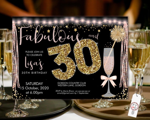 Pink Champagne 30 Birthday Invitation Printable Template, Sparkle Horizontal Birthday Party Invitation Women, Printable gold lights Invite