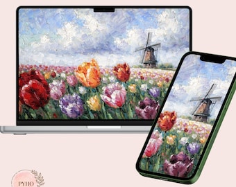 Botanical Oil Painting Digital Pack | Tulip Field Wallpaper, iPad iPhone TV Frame Backgrounds,  Icons & Folder Icons, Aesthetic Desktop Kit