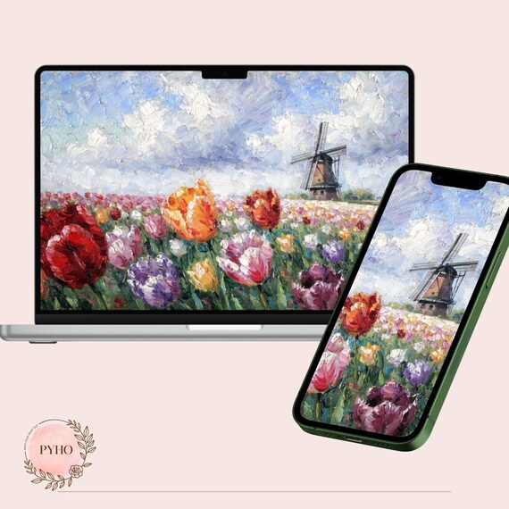 Botanical Oil Painting Digital Pack | Tulip Field Wallpaper, iPad iPhone Backgrounds, Custom Icons & Folder Icons, Aesthetic Desktop Kit