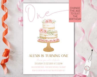 May include: A pink and gold birthday invitation with a watercolor illustration of a cake with pink flowers and greenery. The text reads "One" and "Alexis is turning one".