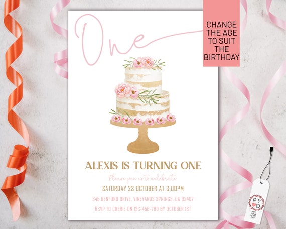 Pink Gold Cake Birthday Girls Invitation Printable Template, One Editable Invitation, First Birthday, Watercolor Cute Invite Girls, Any Age