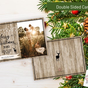 May include: Double-sided Christmas card with a rustic wood-grain design. The front features a family photo and the text "Merry Christmas 2020" with the family name. The back has a deer silhouette. Festive holiday card.