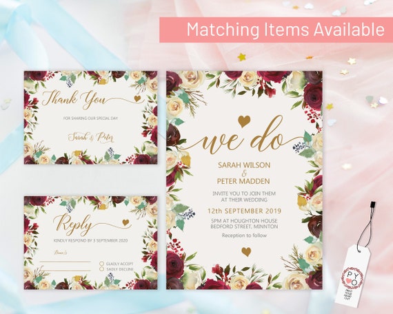 Burgundy Floral Wedding Set, Rose Invitation, Watercolor Fall Invitation, Printable Gold, Editable Template, Floral Wedding RSVP Thank You