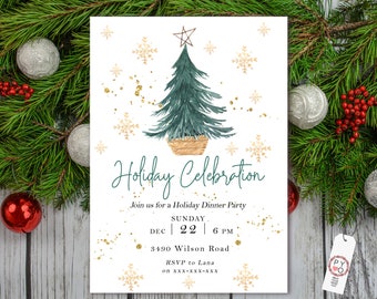Holiday Celebration Invitation, Gold Glitter, Boho Christmas (Digital Download)