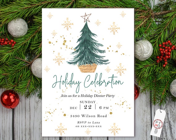 Holiday Celebration Tree Party Invitation, Gold Glitter Invitation, Sparkling Invite, Friends Family Party at Home, Boho Christmas, Scandi