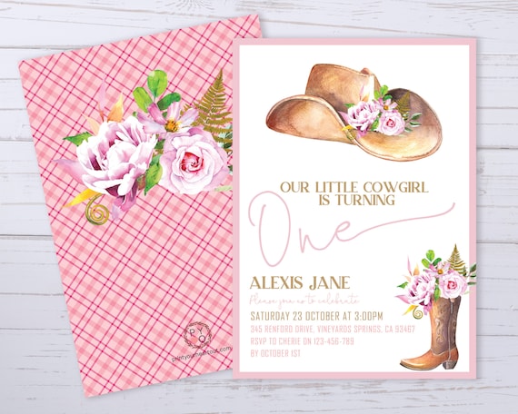 Pink Cowgirl Hat Boot Floral Birthday Girls Invitation Printable Template, One Editable, First Birthday, Watercolor Invite Girls, Any Age