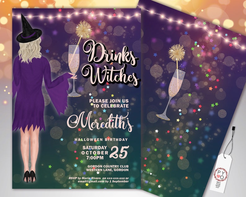 May include: Halloween party invitation with a witch illustration, champagne glass, and the text "Drinks Witches." The invitation includes event details: date, time, and location. The design features a purple and gold color scheme with decorative string lights.