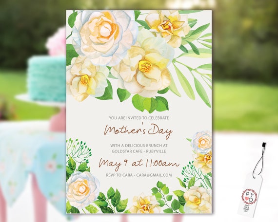 Watercolor Camellia Mother's Day Brunch Invitation Printable Template, Mom Day Editable Lunch Invitation, Printable Cream Floral Invitation