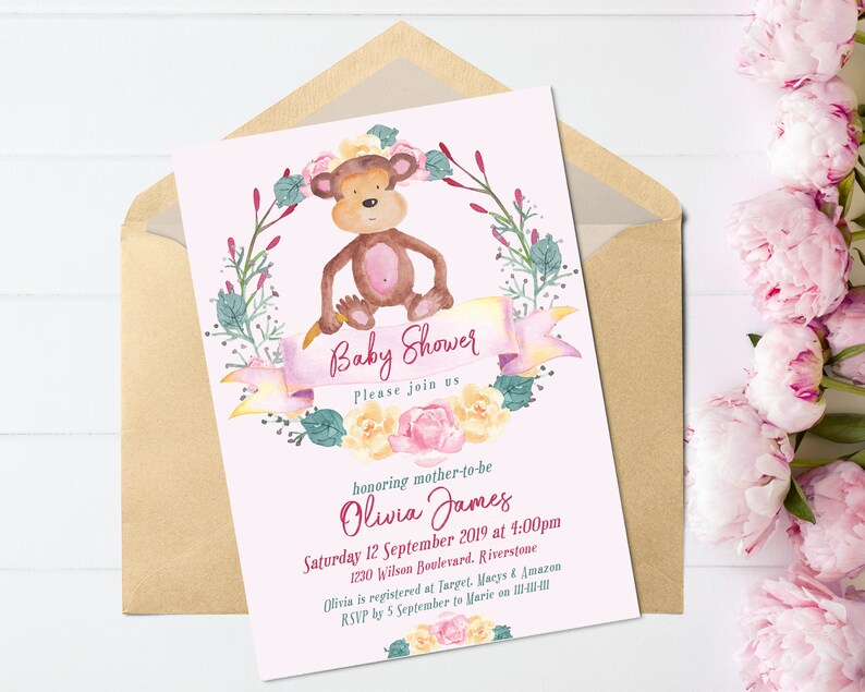 May include: Pink baby shower invitation with a watercolor illustration of a monkey wearing a flower crown. The text reads "Baby Shower" and "Please join us" in a pink and white font. The invitation also includes the name "Olivia James" and the date and time of the shower.