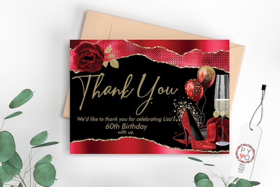 Red Glitter Shoes Champagne Thank You Card, Editable Thanks Birthday, Gold Thank You Champagne, Red Rose Thanks Card