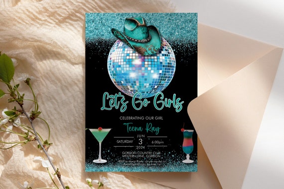 Aqua Disco Cowgirl Birthday Glitter Drinks Invitation Template, Editable Party Invite Women, Country, Cowboy Hat, Boots, Yeehaw Bachelorette