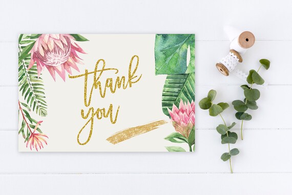 INSTANT DOWNLOAD - Thank You Card , Gold Glitter Pink King Protea, Summer Spring, Tropical Thank You, Printable Thank You Card, Pink Floral