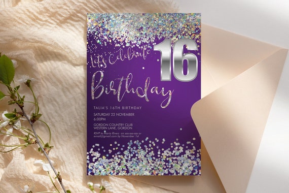 Any Age Holographic Silver Number Invitation Printable Template, Purple Glitter Editable Birthday Party Invitation Women, Printable Card