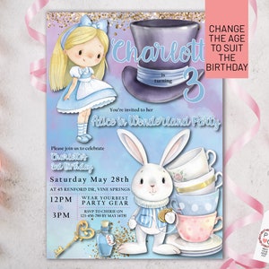 Alice in Wonderland Birthday Invite, White Rabbit, Glitter, Editable Any Age Invitation, Mad Hatter, Tea Party, Through the Looking Glass