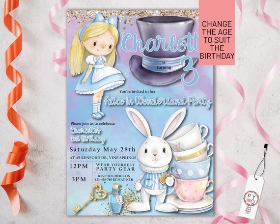 Alice in Wonderland Birthday Invite, White Rabbit, Glitter, Editable Any Age Invitation, Mad Hatter, Tea Party, Through the Looking Glass