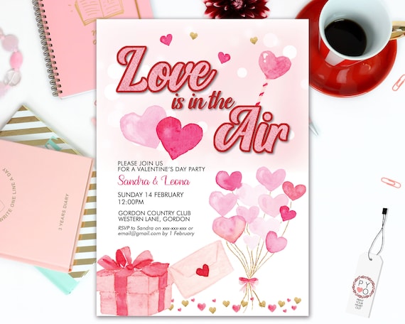 Love is in the air Valentine's Day Party Invitation, Pink Hearts, Sweetheart Invitation, Lonely Hearts Invite, Valentine Flyer, Friend Party