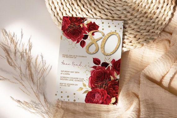 Any Age 50th 60th 70th 80th 90th 100th Birthday Red Gold Glitter Number Floral Invitation Template, Scarlet Editable Party Invite Women