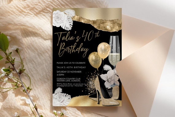 Gold Glitter Birthday Heels Balloons Invitation Printable Template, White Flowers Glitter Editable Party Invite for Women, Printable Card