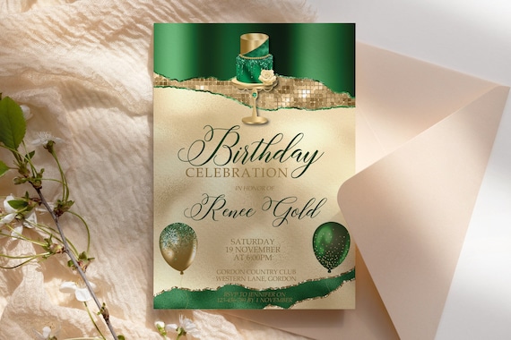 Emerald Gold Cake Birthday Invitation Printable Template, Green Gold Glitter Editable Party for Women, Any Age Invite, Bright Balloons Foil