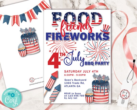 4th of July Food Friends Fireworks BBQ Invitation Printable Template, Red White Blue Editable Grill Party Invite, Independence Day Picnic