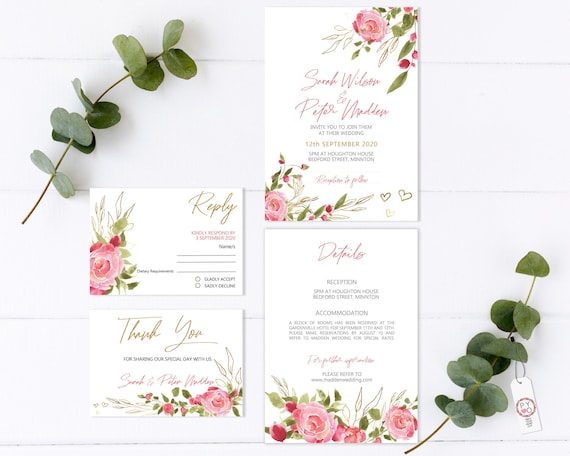 Pink Gold Roses Wedding Invitation Set,  Floral Theme Suite, Rehearsal Invitation, Blush Watercolor Invitation, Printable, Editable Template