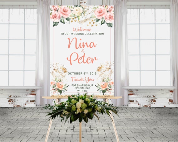 Pink Floral Wedding Sign • White Peach Gold Sign • Watercolor Flowers • Welcome Sign • Cream Wedding Sign • Apricot Wedding • Printable Sign