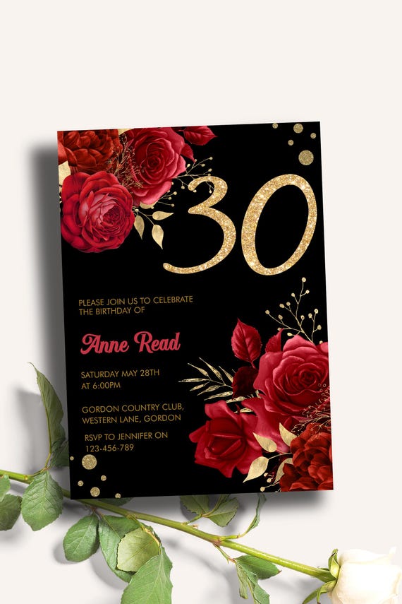 Red Floral Black Gold Glitter 30th Birthday Invitation, Glam Rose Party Invite (Digital Download)
