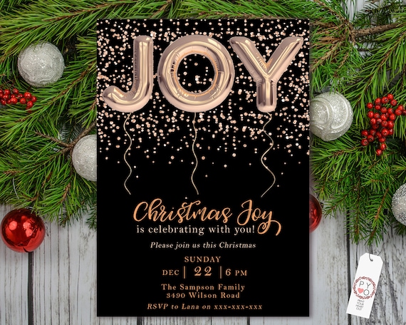 Joy Rose Gold Glitter Foil Balloon Christmas Invitation, Black Gold Sparkly Invite, Friends Family Xmas Party at Home, Elegant DIY Christmas