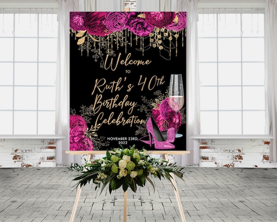 Pink Glitter Heels Floral Roses Birthday Welcome Sign Printable Template, Editable Champagne Gold Black Party Sign Women, Printable 24x30