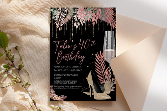 Boho Gold Stiletto Champagne Birthday Invitation Printable Template, Black Gold Glitter Shoes Editable Party for Women, Any Age Invite