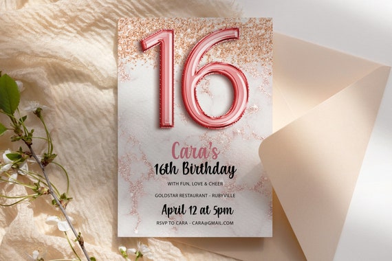 16th Birthday Marble Rosegold Balloons Invitation Printable Template, Sweet Sixteen Editable, Rose gold Glitter  Party Invite, Teen Party