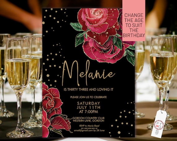 Red Gold Glitter Floral Birthday Invitation Printable Template, Scarlet Flower Editable Party Dinner Women, Bright Any Age Black Invite