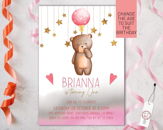 Pink Balloon Bear Girls Birthday Party Invitation Printable Template, One Editable Invite, First Bday, Watercolor Cute Invite Girls, Any Age