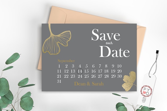 Grey Gray Gold Foil Leaves Calendar Save Our Date, Elegant Save the Date, Printable Foliage Leaves Date, Neutral Saver Digital Save Date