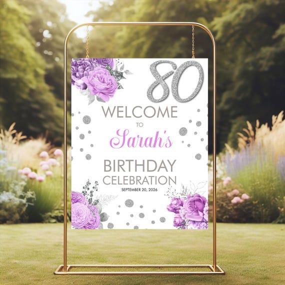 Mauve Roses Silver Glitter Birthday Welcome Sign: Editable Template (24x30 Printable), Silver Age Sign