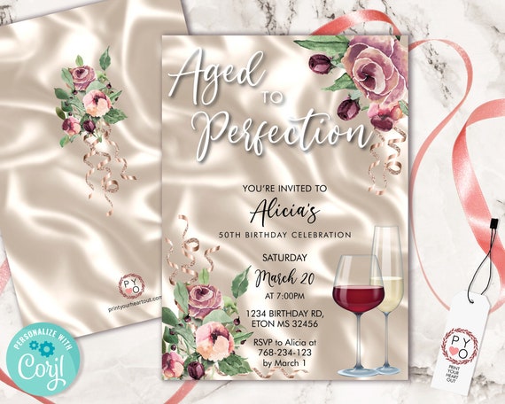 Wine Birthday Invitation Rosegold Ivory Template, Aged to Perfection Rose Editable Birthday Party Invite Women, Printable Champagne Glass