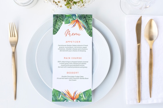 Tropical Bird of Paradise Menu, DIY Editable Menu, Menu Cards, Printable Menu, Tropical Menu Sign , Party Menu, Menu Download, Beach Food