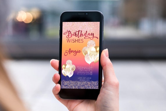 Navy Pink Glitter Electronic Birthday, Smartphone SMS Digital Editable template, EcoFriendly, Electronic Balloon eCard Birthday Greeting