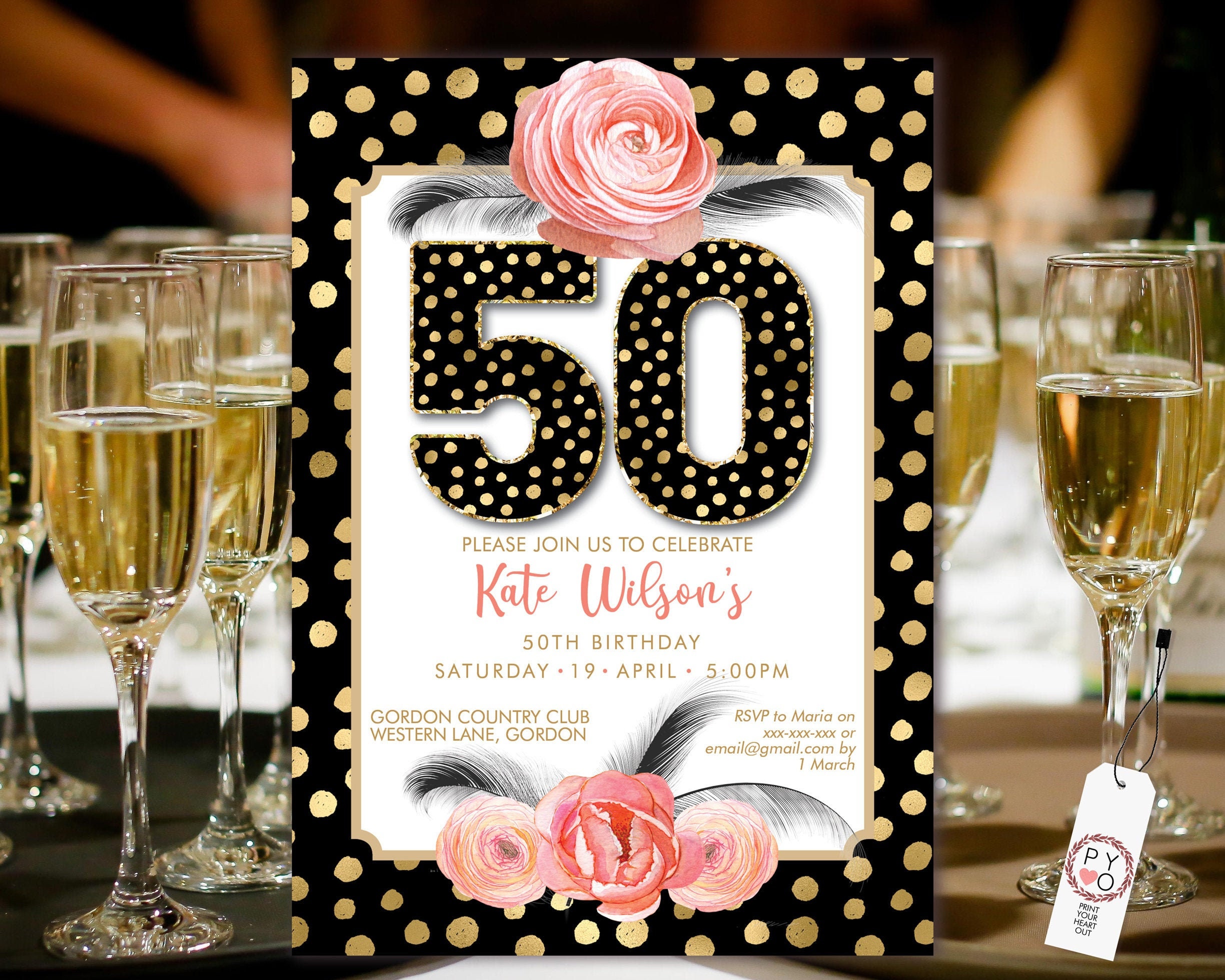 Diy 50th Birthday Spots Feather Invitation Printable Template Black