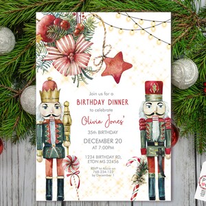 Op de afbeelding: Een feestelijke uitnodiging voor een verjaardagsdiner met aquarel illustraties van notenkrakers, zuurstokken en feestelijk groen. De uitnodiging bevat de tekst "Join us for a Birthday Dinner to celebrate Olivia Jones' 35th Birthday December 20 at 7:00PM."