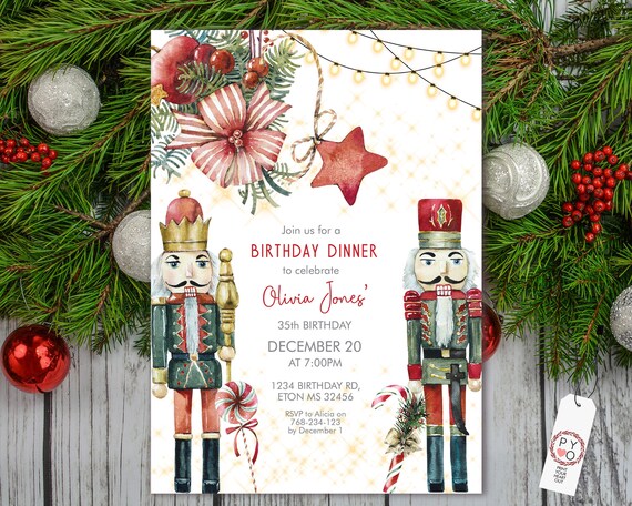 Red Nutcracker Party Lights Birthday Christmas Party Invitation, Soldier King Invite, Traditional, Xmas Party, Boys  Girls Xmas Celebration