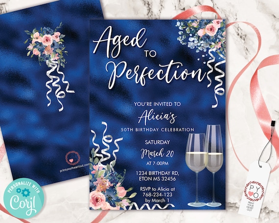 Wine Navy Blue Birthday Invitation Printable Template, Aged to Perfection Editable Birthday Party Women, Printable Champagne Glass Invite