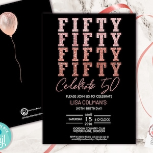 DIY 50th Birthday Glitter Invitation Printable Template, Fifty Rose Gold Glitter Editable Birthday Party Invitation for Women, Printable