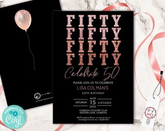 DIY 50th Birthday Glitter Invitation Printable Template, Fifty Rose Gold Glitter Editable Birthday Party Invitation for Women, Printable