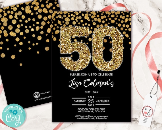 DIY 50th Birthday Confetti Invitation Printable Template, Black Gold Glitter Editable Birthday Party Invitation for Women, Printable