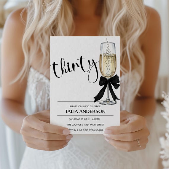 Minimalist 30th Birthday Invitation | Black Bow & Champagne Design | Editable Template