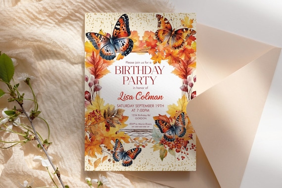 Fall Butterflies Orange Leaves Birthday Invitation, Autumn Gold Glitter, Printable Dinner Party, Editable Template Women, Rust Foliage