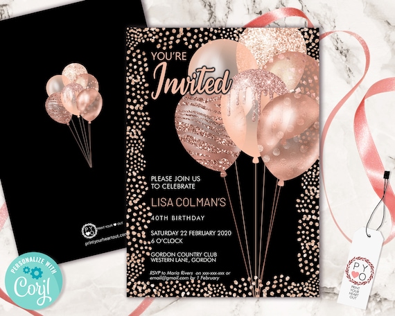 Rose Gold Birthday Balloons Invitation Printable Template, Black Gold Glitter Editable Birthday Party Invitation for Women, Printable Card