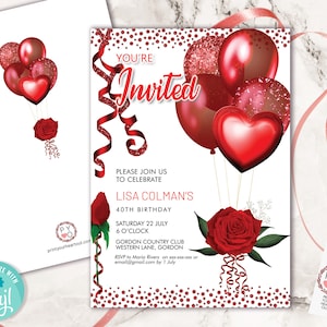 Convite de aniversário com balões brilhantes e rosas vermelhas, modelo para impressão, convite para festa de aniversário editável com fitas vermelhas, cartão para impressão com confete