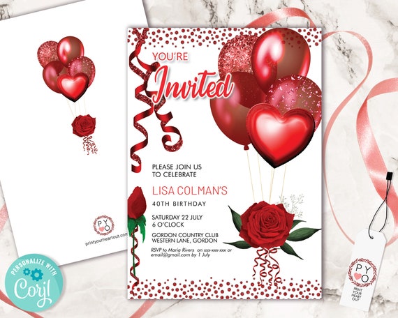 Red Rose Glitter Birthday Balloons Invitation Printable Template, Red Ribbons Editable Birthday Party Invitation, Confetti Printable Card